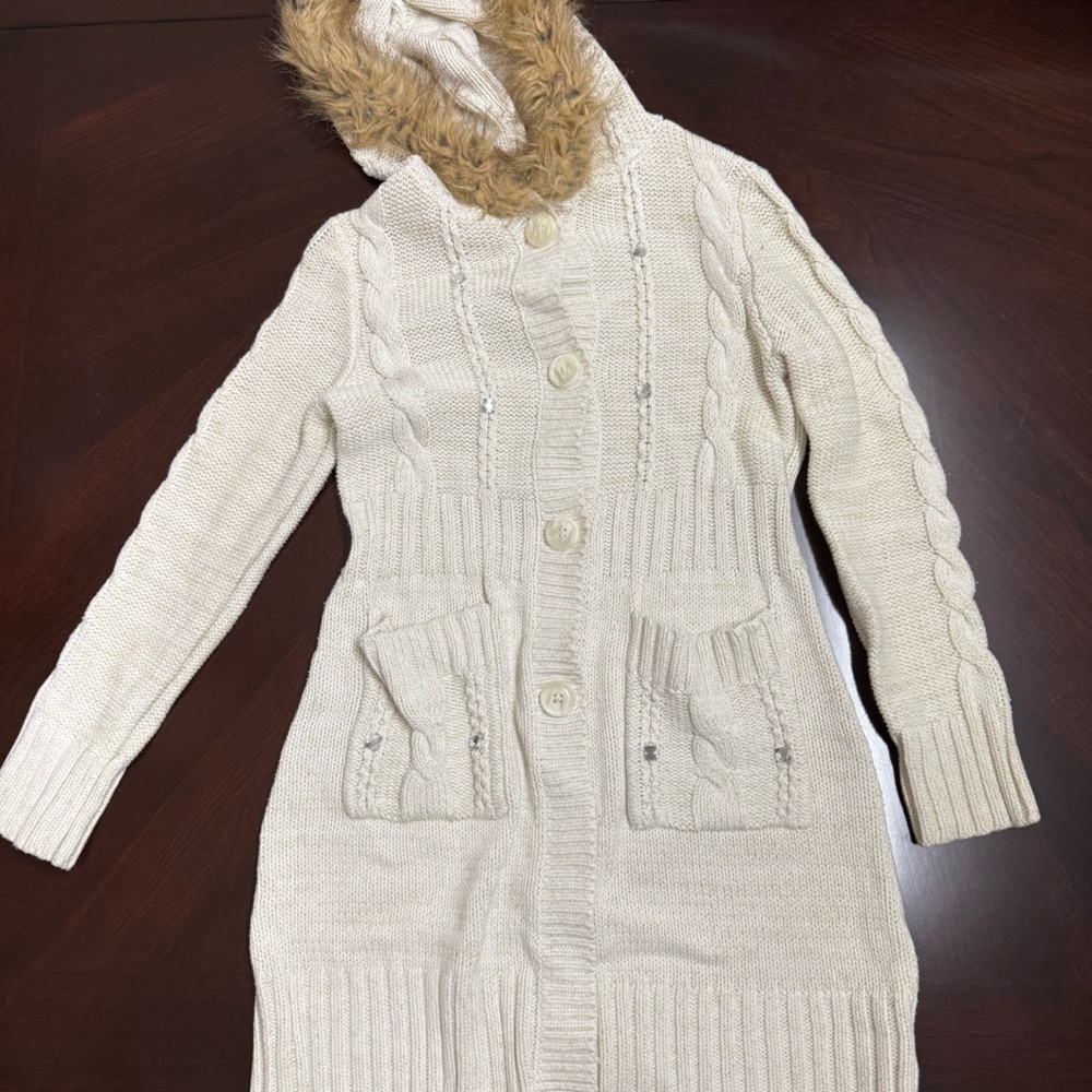 Y2K The Children's Place Cream Cardigan with Faux Fur Trim